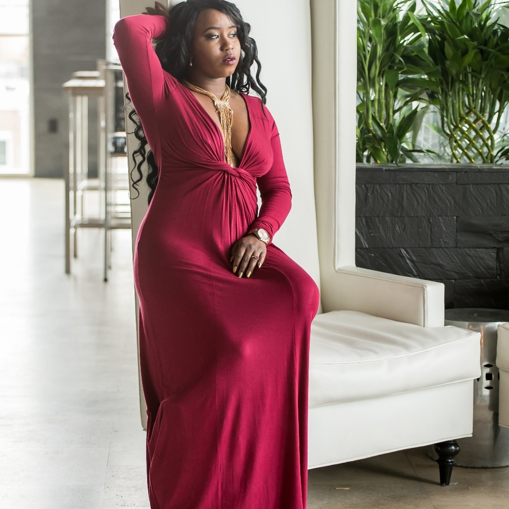 TWIST FRONT LONG SLEEVE MAXI DRESS W/DEEP V-NECK
